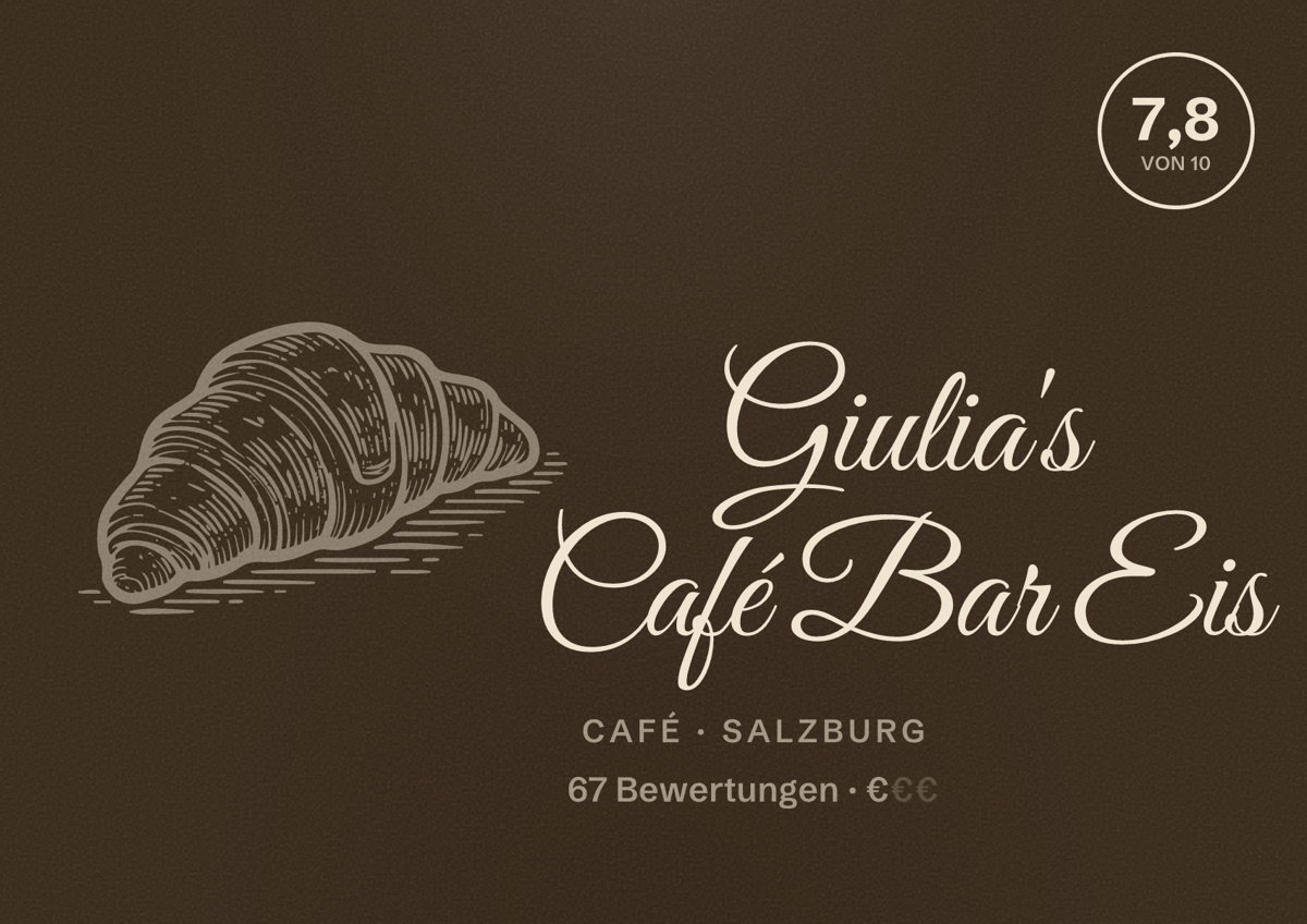 Illustriertes Poster von Giulia's Café Bar Eis, Café in Salzburg: Bewertung 7,8 von 10 aus 67 Bewertungen, Preisniveau €