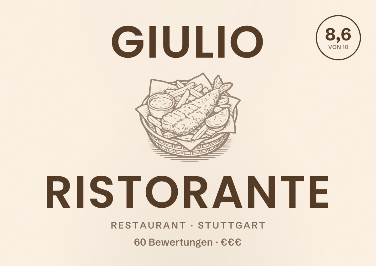 Illustriertes Poster von GIULIO Ristorante, Restaurant in Stuttgart: Bewertung 8,6 von 10 aus 60 Bewertungen, Preisniveau €€€