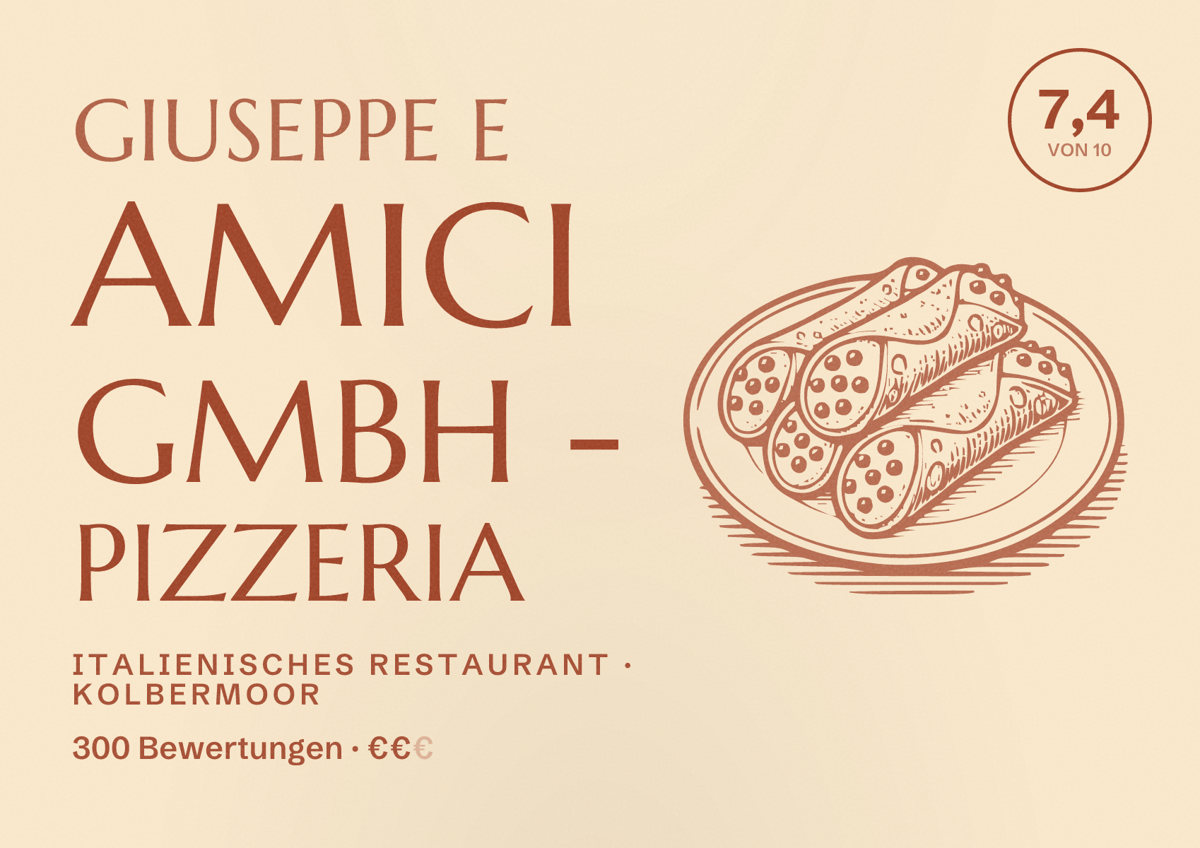 Illustriertes Poster von Giuseppe e amici GmbH - Pizzeria, Italienisches Restaurant in Kolbermoor: Bewertung 7,4 von 10 aus 300 Bewertungen, Preisniveau €€