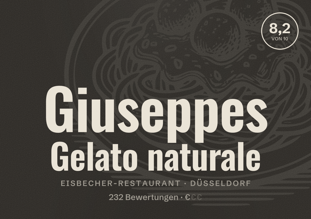 Illustriertes Poster von Giuseppes Gelato naturale, Eisbecher-Restaurant in Düsseldorf: Bewertung 8,2 von 10 aus 232 Bewertungen, Preisniveau €