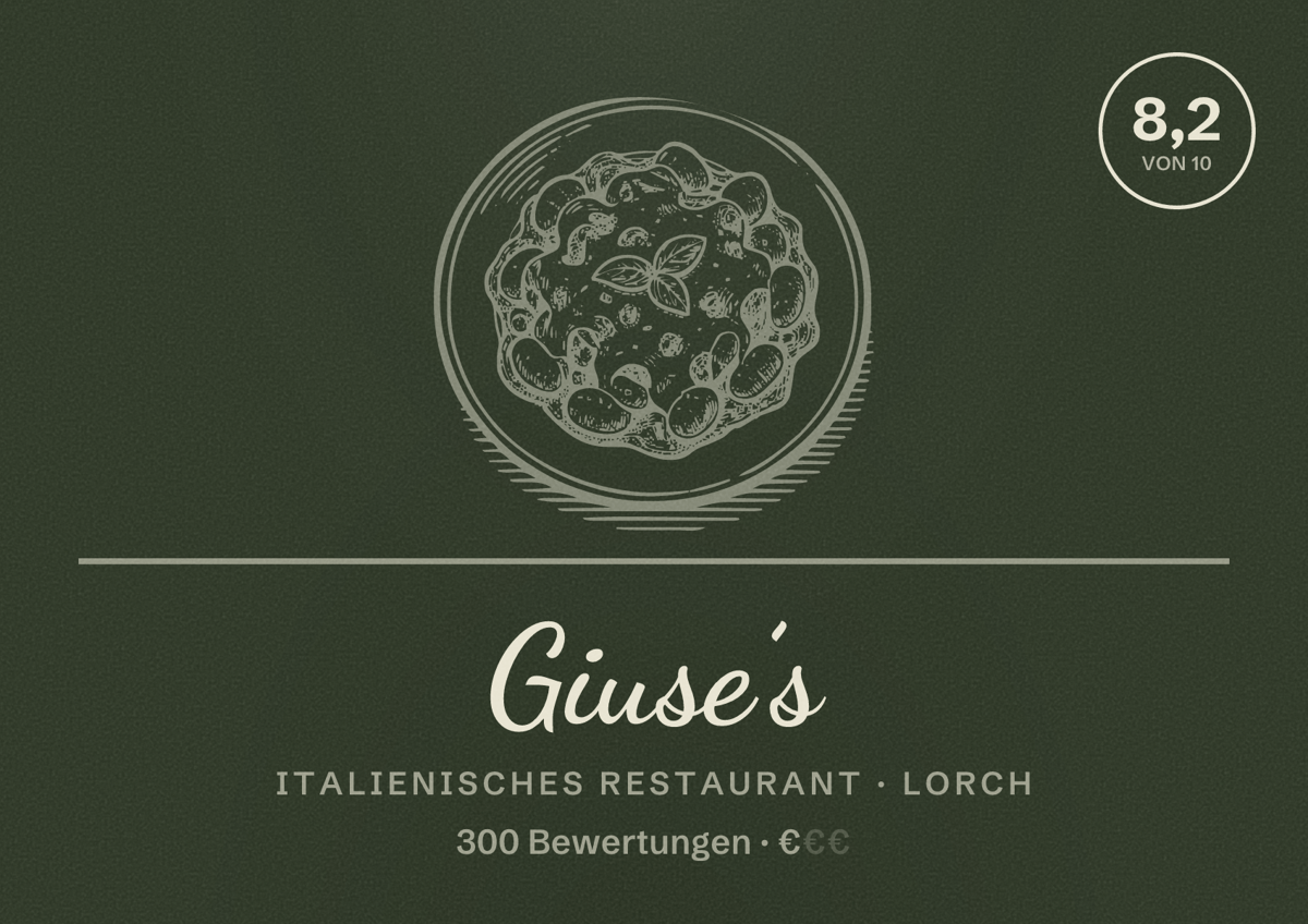 Illustriertes Poster von Giuse’s, Italienisches Restaurant in Lorch: Bewertung 8,2 von 10 aus 300 Bewertungen, Preisniveau €