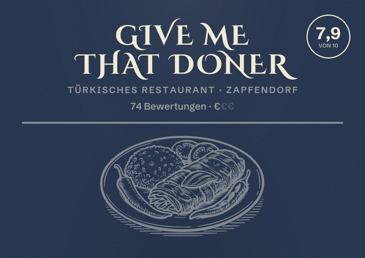 Illustriertes Poster von Give me that doner, Türkisches Restaurant in Zapfendorf: Bewertung 7,9 von 10 aus 74 Bewertungen, Preisniveau €