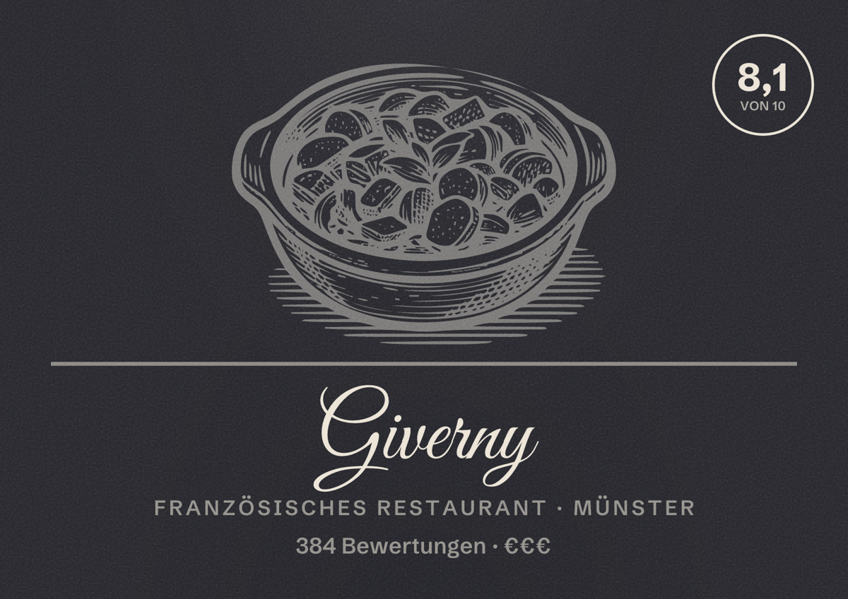 Illustriertes Poster von Giverny, Französisches Restaurant in Münster: Bewertung 8,1 von 10 aus 384 Bewertungen, Preisniveau €€€