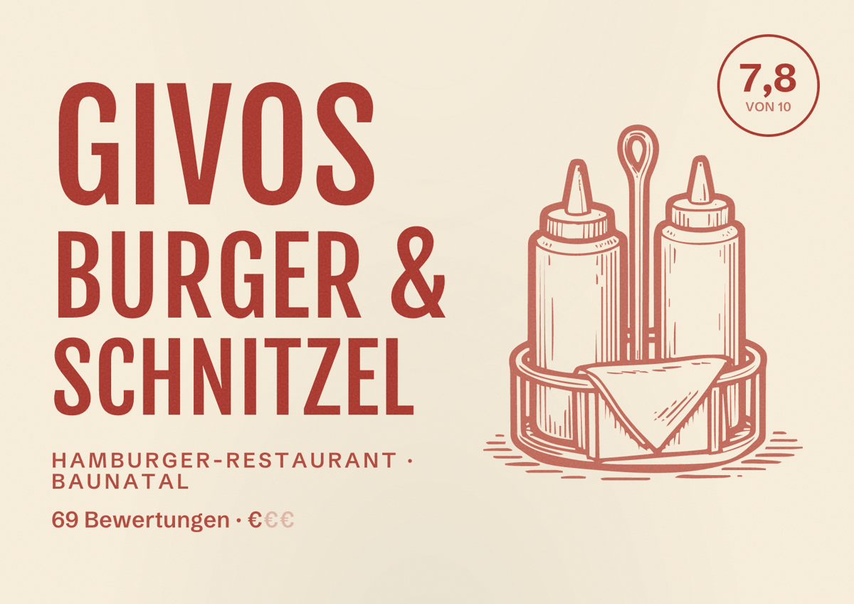 Illustriertes Poster von Givos Burger & Schnitzel, Hamburger-Restaurant in Baunatal: Bewertung 7,8 von 10 aus 69 Bewertungen, Preisniveau €