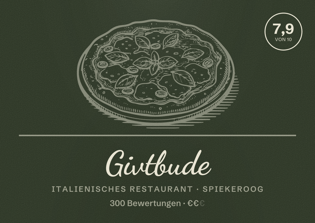 Illustriertes Poster von Givtbude, Italienisches Restaurant in Spiekeroog: Bewertung 7,9 von 10 aus 300 Bewertungen, Preisniveau €€