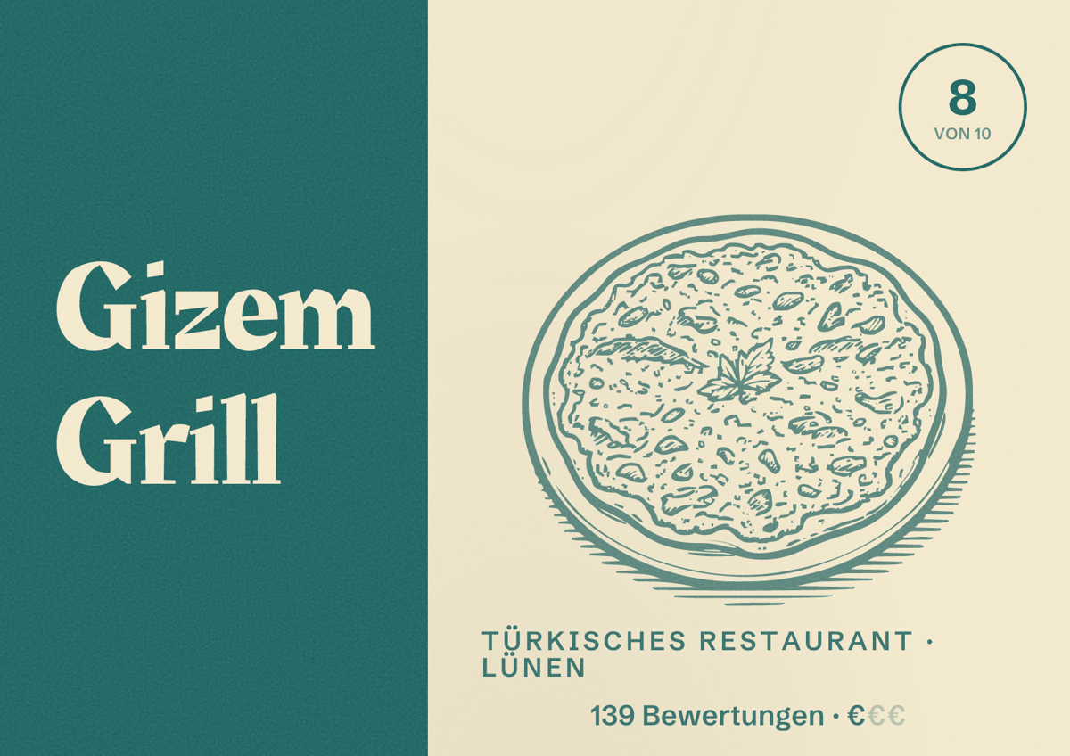 Illustriertes Poster von Gizem Grill, Türkisches Restaurant in Lünen: Bewertung 8 von 10 aus 139 Bewertungen, Preisniveau €