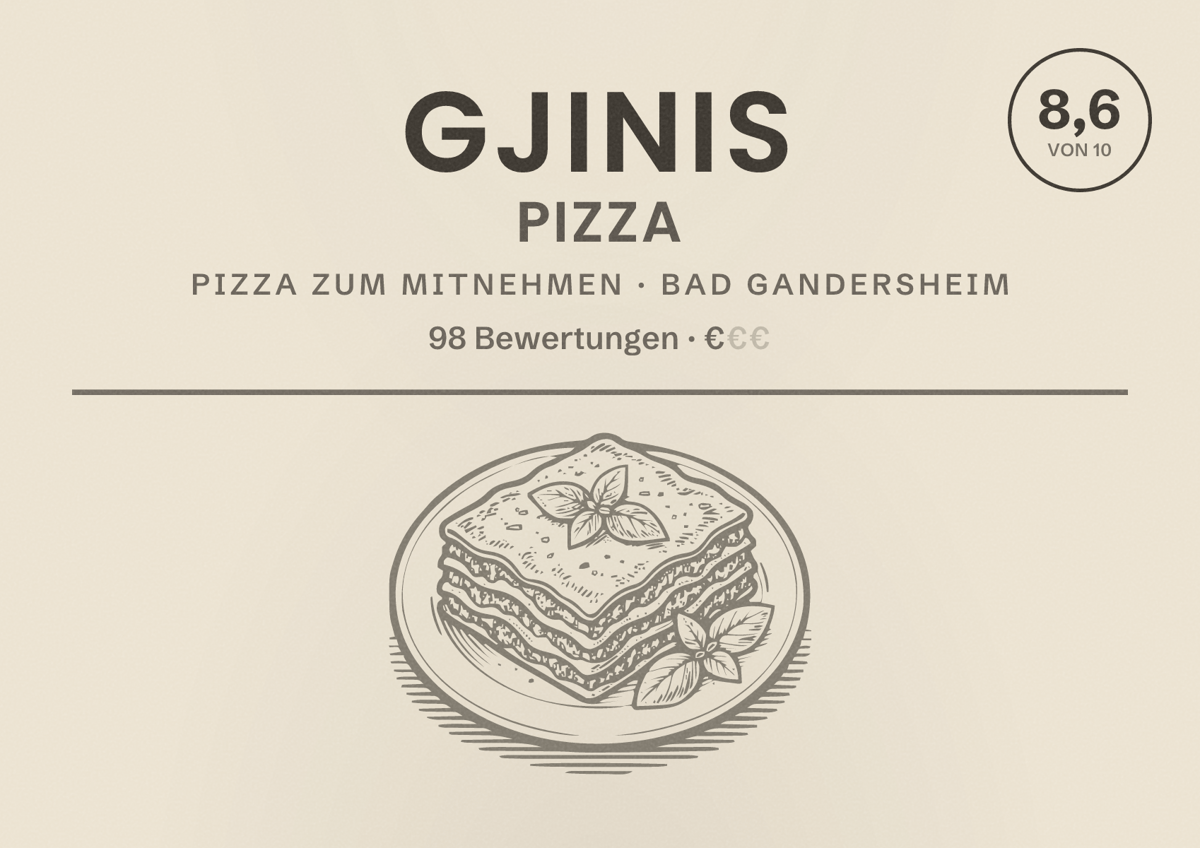 Illustriertes Poster von Gjinis Pizza, Pizza zum Mitnehmen in Bad Gandersheim: Bewertung 8,6 von 10 aus 98 Bewertungen, Preisniveau €