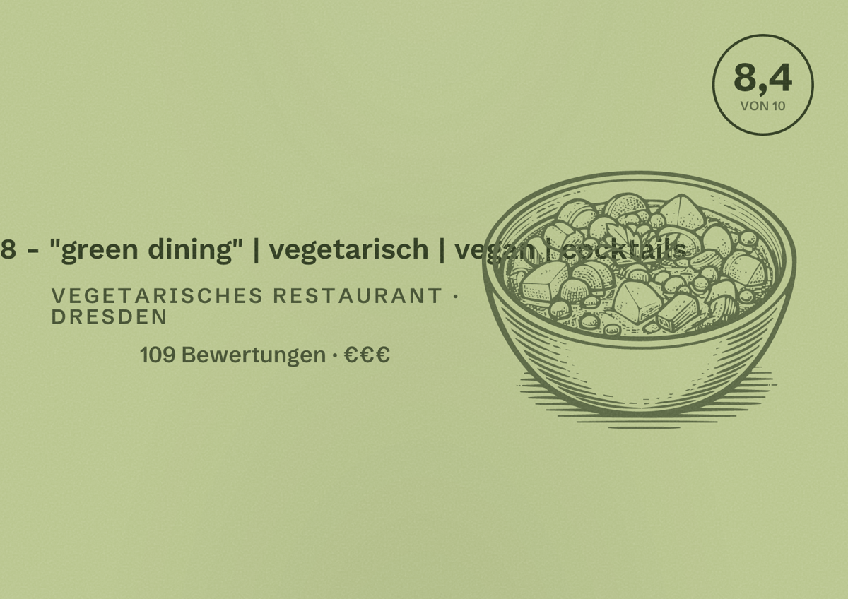 Illustriertes Poster von Glacis No.28 - "green dining" | vegetarisch | vegan | cocktails, Vegetarisches Restaurant in Dresden: Bewertung 8,4 von 10 aus 109 Bewertungen, Preisniveau €€€