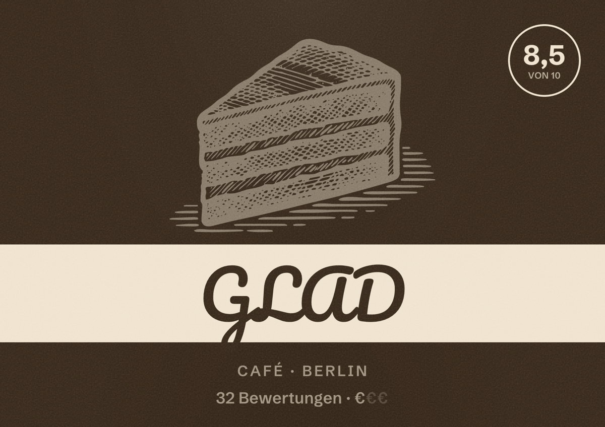Illustriertes Poster von GLAD, Café in Berlin: Bewertung 8,5 von 10 aus 32 Bewertungen, Preisniveau €