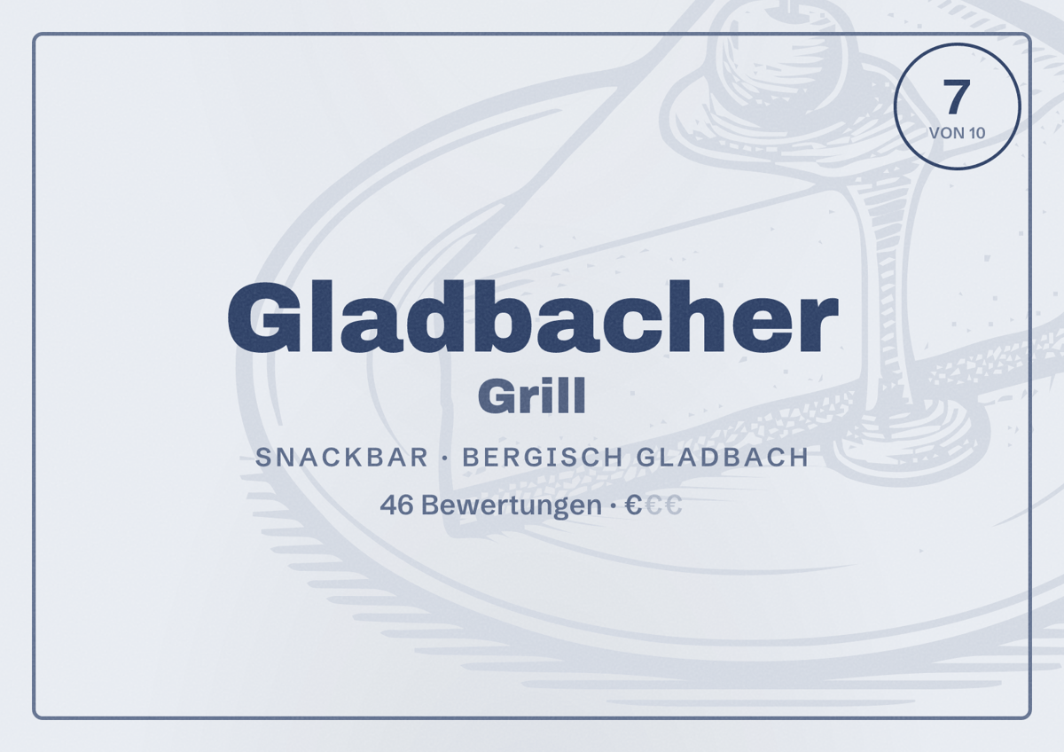 Illustriertes Poster von Gladbacher Grill, Snackbar in Bergisch Gladbach: Bewertung 7 von 10 aus 46 Bewertungen, Preisniveau €