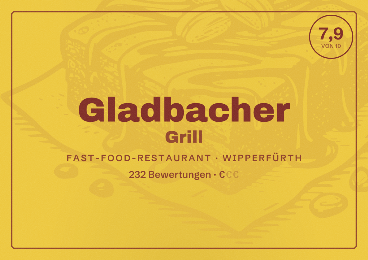 Illustriertes Poster von Gladbacher Grill, Fast-Food-Restaurant in Wipperfürth: Bewertung 7,9 von 10 aus 232 Bewertungen, Preisniveau €