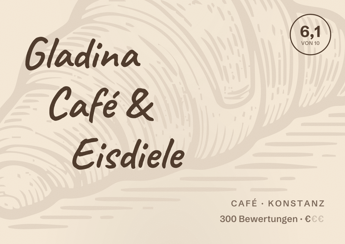 Illustriertes Poster von Gladina Café & Eisdiele, Café in Konstanz: Bewertung 6,1 von 10 aus 300 Bewertungen, Preisniveau €