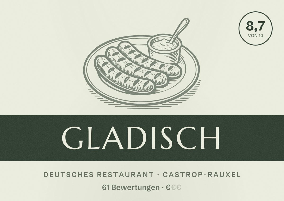 Illustriertes Poster von GLADISCH, Deutsches Restaurant in Castrop-Rauxel: Bewertung 8,7 von 10 aus 61 Bewertungen, Preisniveau €