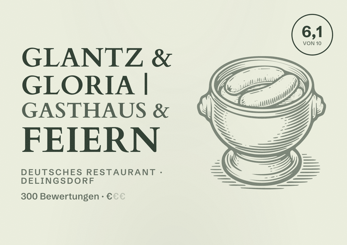 Illustriertes Poster von Glantz & Gloria | Gasthaus & Feiern, Deutsches Restaurant in Delingsdorf: Bewertung 6,1 von 10 aus 300 Bewertungen, Preisniveau €