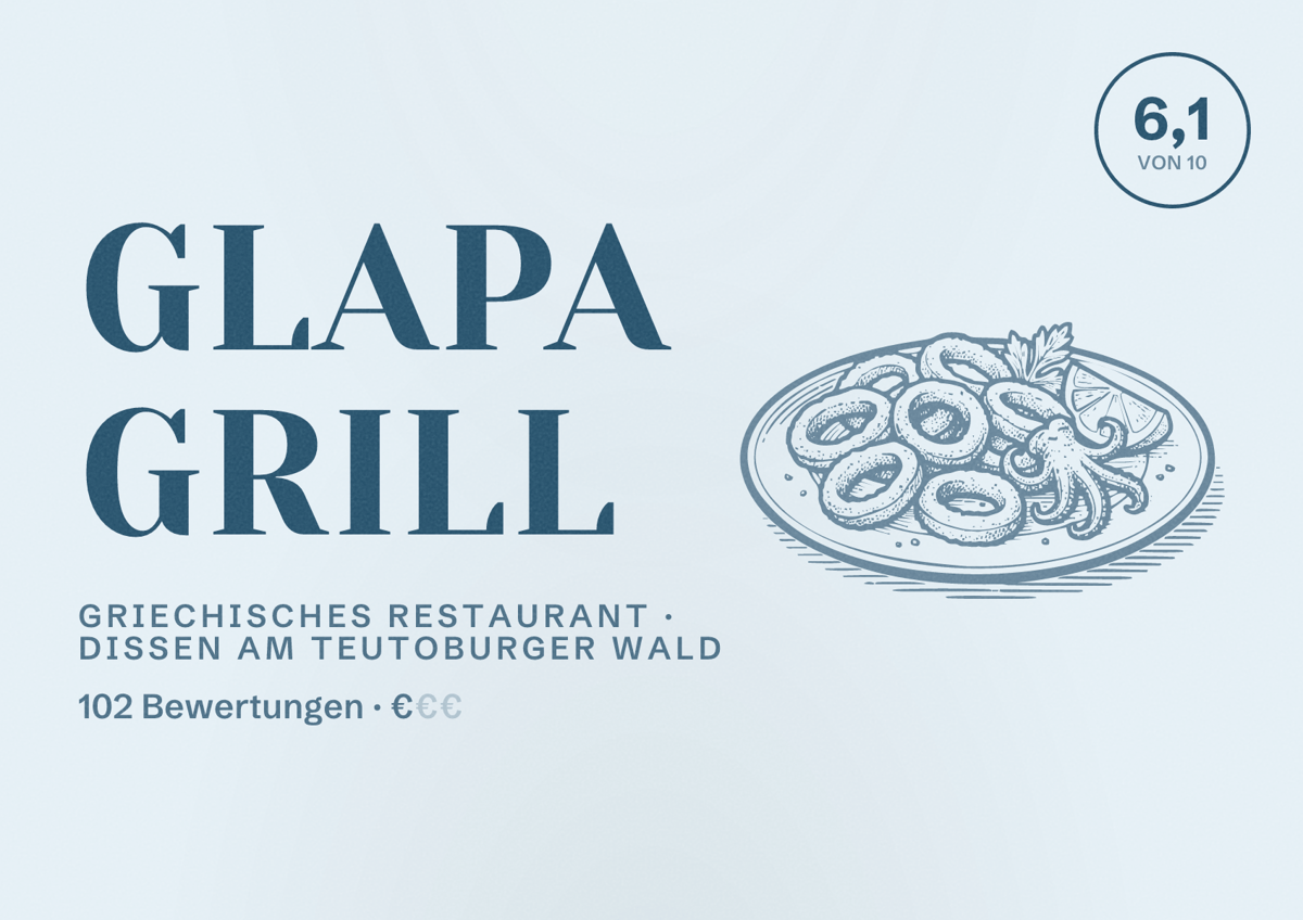 Illustriertes Poster von Glapa Grill, Griechisches Restaurant in Dissen am Teutoburger Wald: Bewertung 6,1 von 10 aus 102 Bewertungen, Preisniveau €
