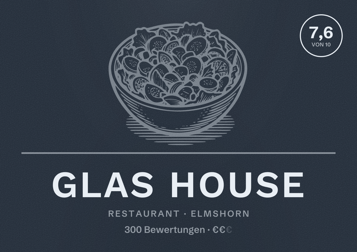 Illustriertes Poster von Glas House, Restaurant in Elmshorn: Bewertung 7,6 von 10 aus 300 Bewertungen, Preisniveau €€
