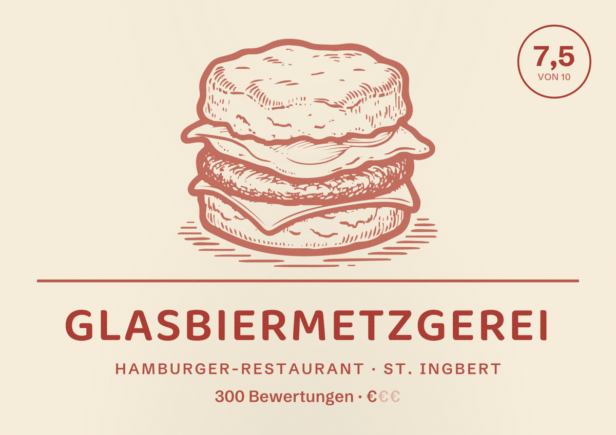 Illustriertes Poster von Glasbiermetzgerei, Hamburger-Restaurant in St. Ingbert: Bewertung 7,5 von 10 aus 300 Bewertungen, Preisniveau €
