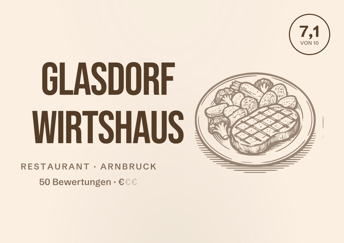 Illustriertes Poster von GLASDORF Wirtshaus, Restaurant in Arnbruck: Bewertung 7,1 von 10 aus 50 Bewertungen, Preisniveau €