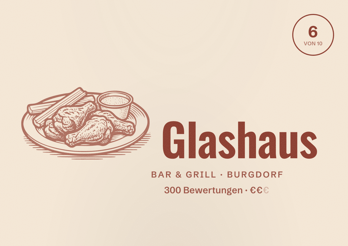 Illustriertes Poster von Glashaus, Bar & Grill in Burgdorf: Bewertung 6 von 10 aus 300 Bewertungen, Preisniveau €€