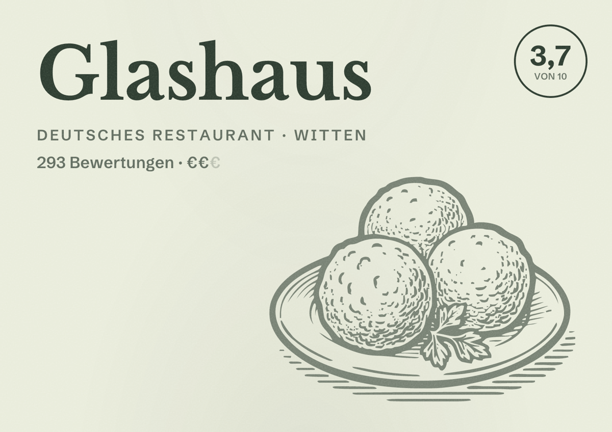 Illustriertes Poster von Glashaus, Deutsches Restaurant in Witten: Bewertung 3,7 von 10 aus 293 Bewertungen, Preisniveau €€