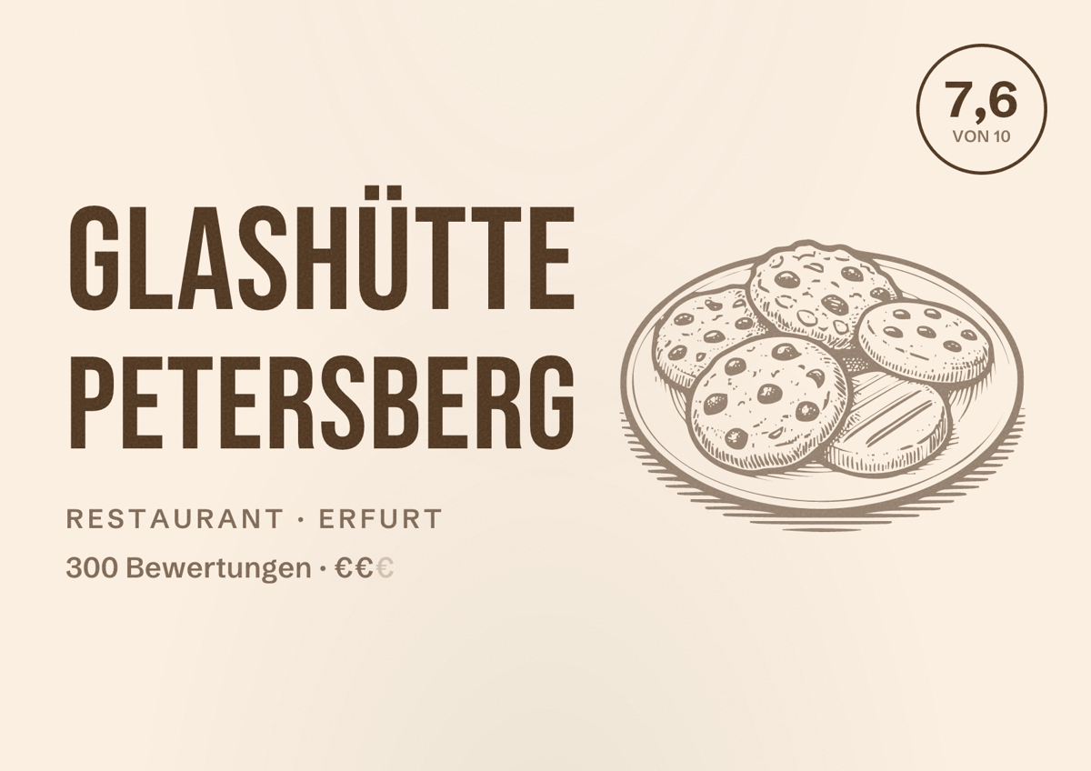 Illustriertes Poster von Glashütte Petersberg, Restaurant in Erfurt: Bewertung 7,6 von 10 aus 300 Bewertungen, Preisniveau €€