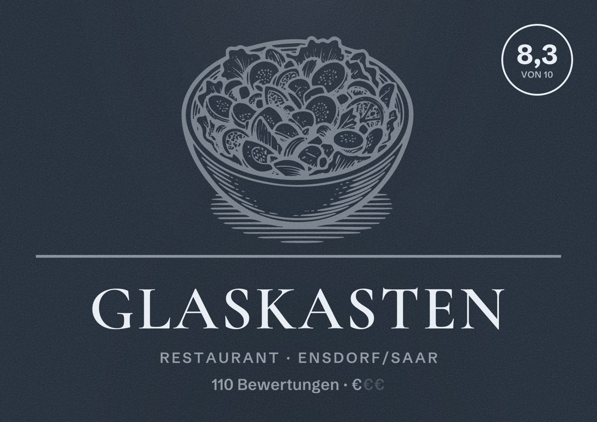 Illustriertes Poster von Glaskasten, Restaurant in Ensdorf/Saar: Bewertung 8,3 von 10 aus 110 Bewertungen, Preisniveau €
