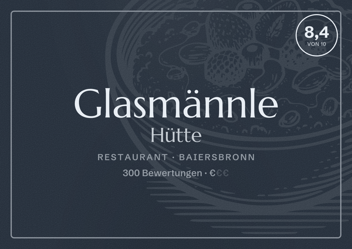 Illustriertes Poster von Glasmännle Hütte, Restaurant in Baiersbronn: Bewertung 8,4 von 10 aus 300 Bewertungen, Preisniveau €