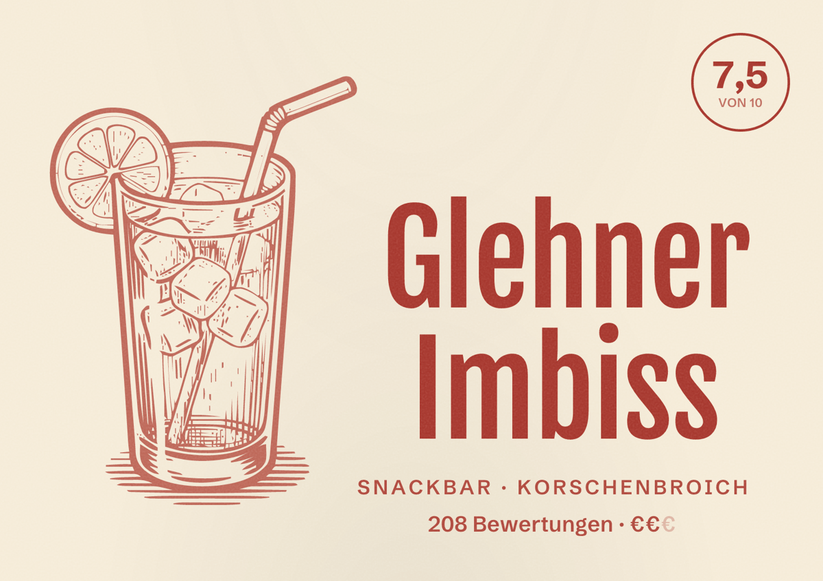 Illustriertes Poster von Glehner Imbiss, Snackbar in Korschenbroich: Bewertung 7,5 von 10 aus 208 Bewertungen, Preisniveau €€