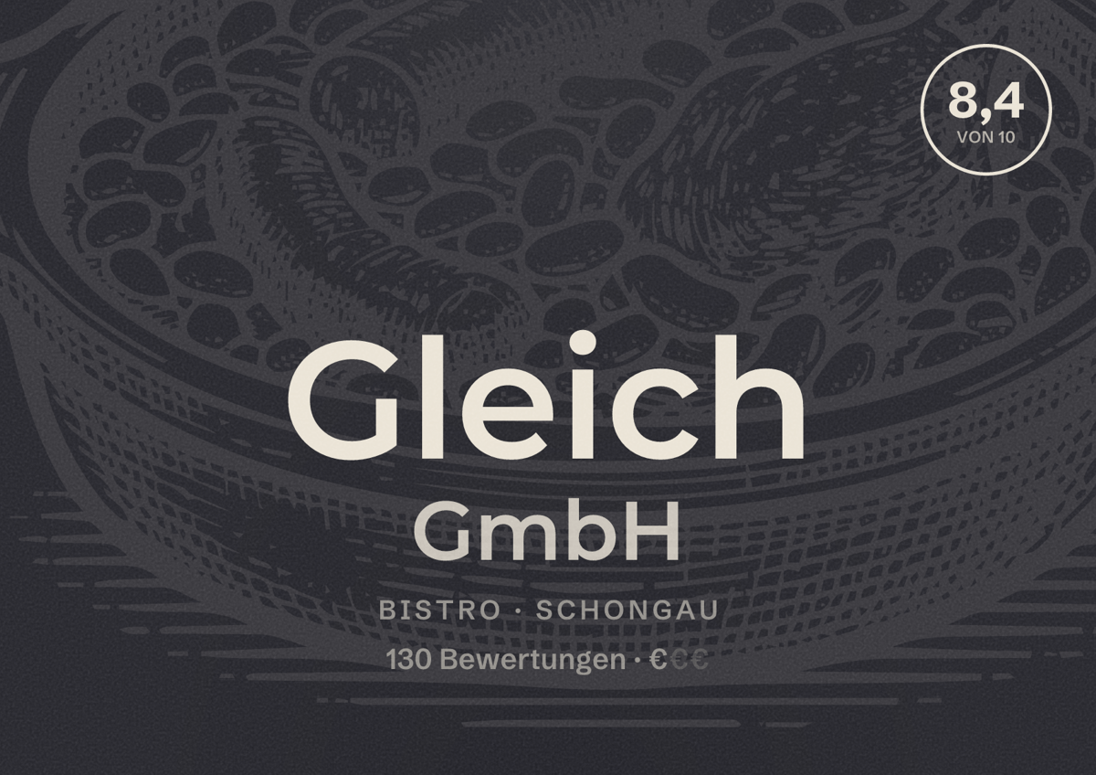 Illustriertes Poster von Gleich GmbH, Bistro in Schongau: Bewertung 8,4 von 10 aus 130 Bewertungen, Preisniveau €