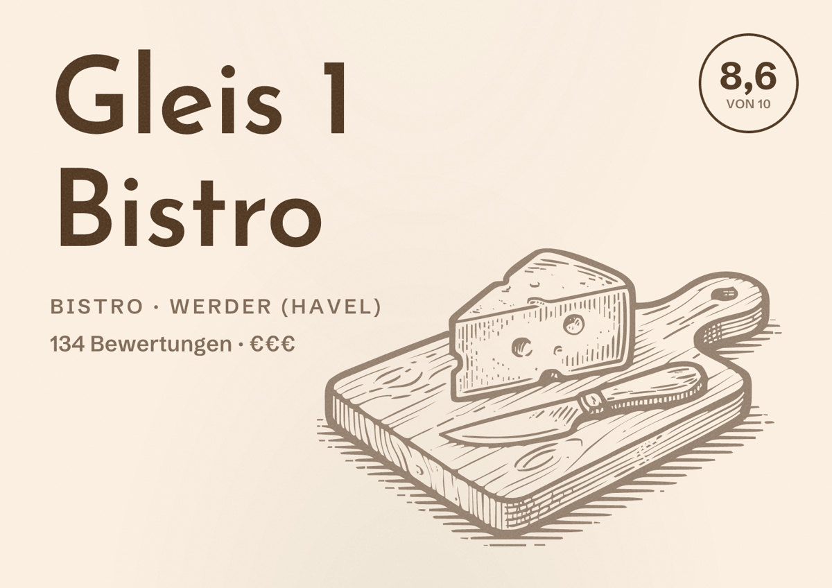 Illustriertes Poster von Gleis 1 Bistro, Bistro in Werder (Havel): Bewertung 8,6 von 10 aus 134 Bewertungen, Preisniveau €€€