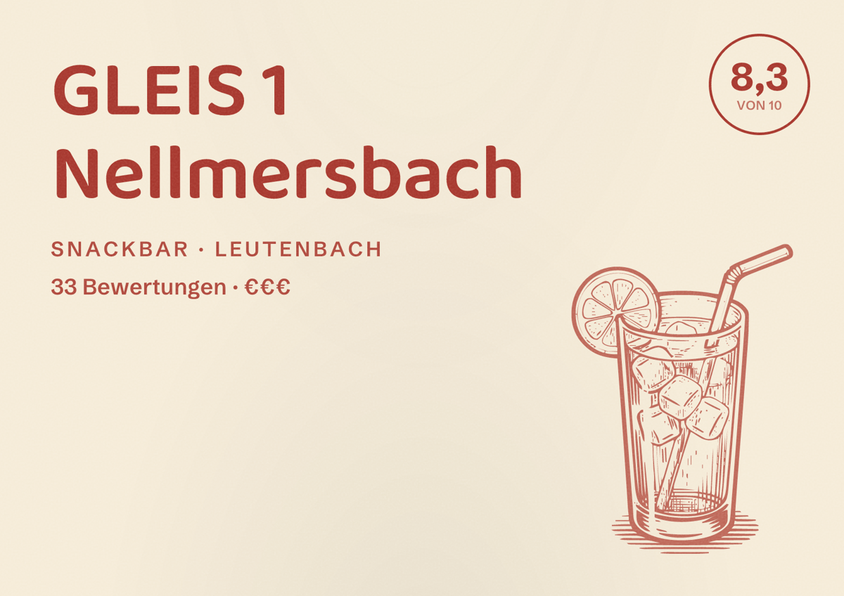 Illustriertes Poster von GLEIS 1 Nellmersbach, Snackbar in Leutenbach: Bewertung 8,3 von 10 aus 33 Bewertungen, Preisniveau €€€