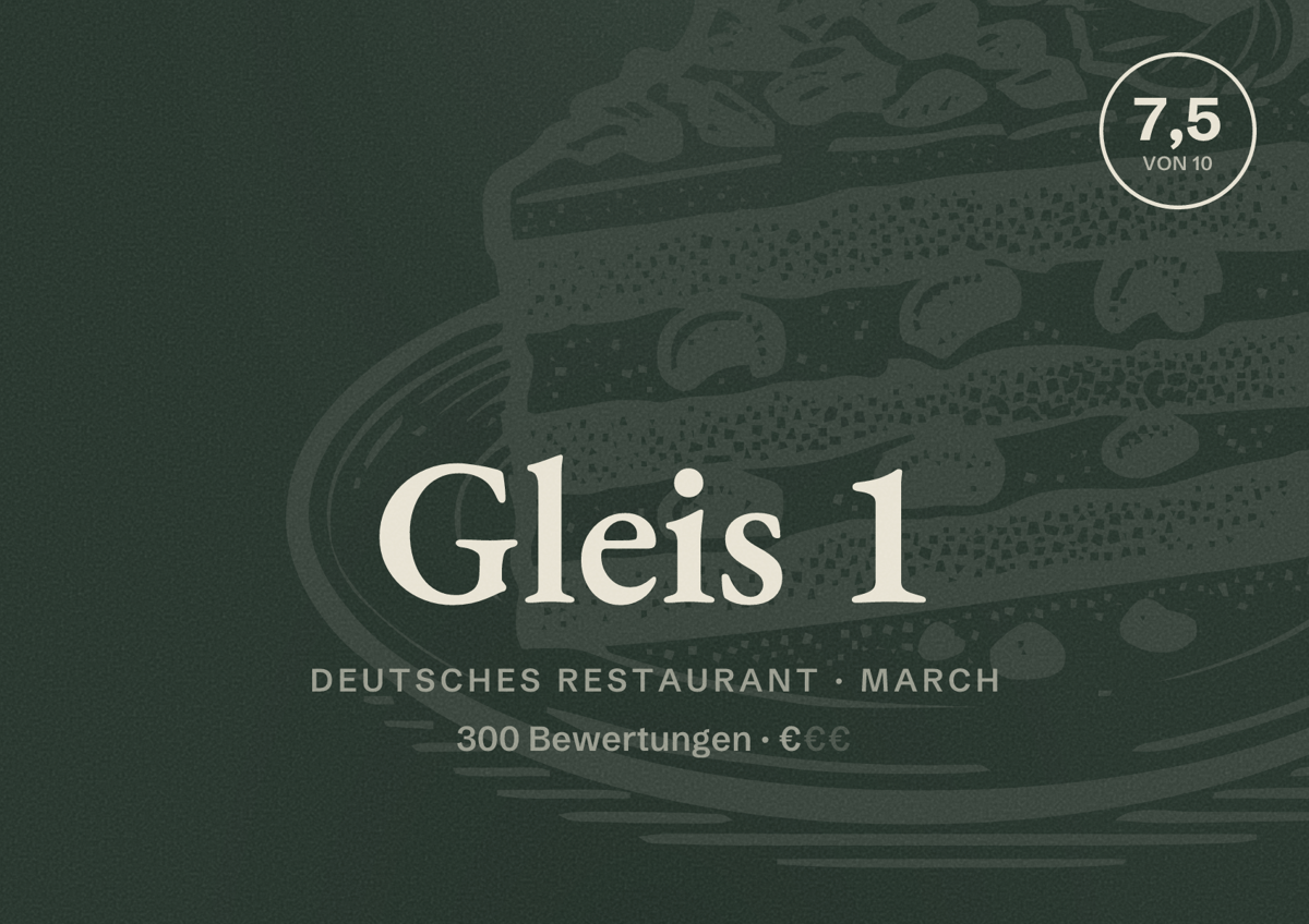 Illustriertes Poster von Gleis 1, Deutsches Restaurant in March: Bewertung 7,5 von 10 aus 300 Bewertungen, Preisniveau €