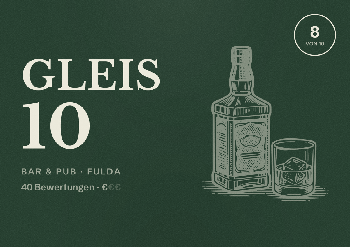 Illustriertes Poster von Gleis 10, Bar & Pub in Fulda: Bewertung 8 von 10 aus 40 Bewertungen, Preisniveau €