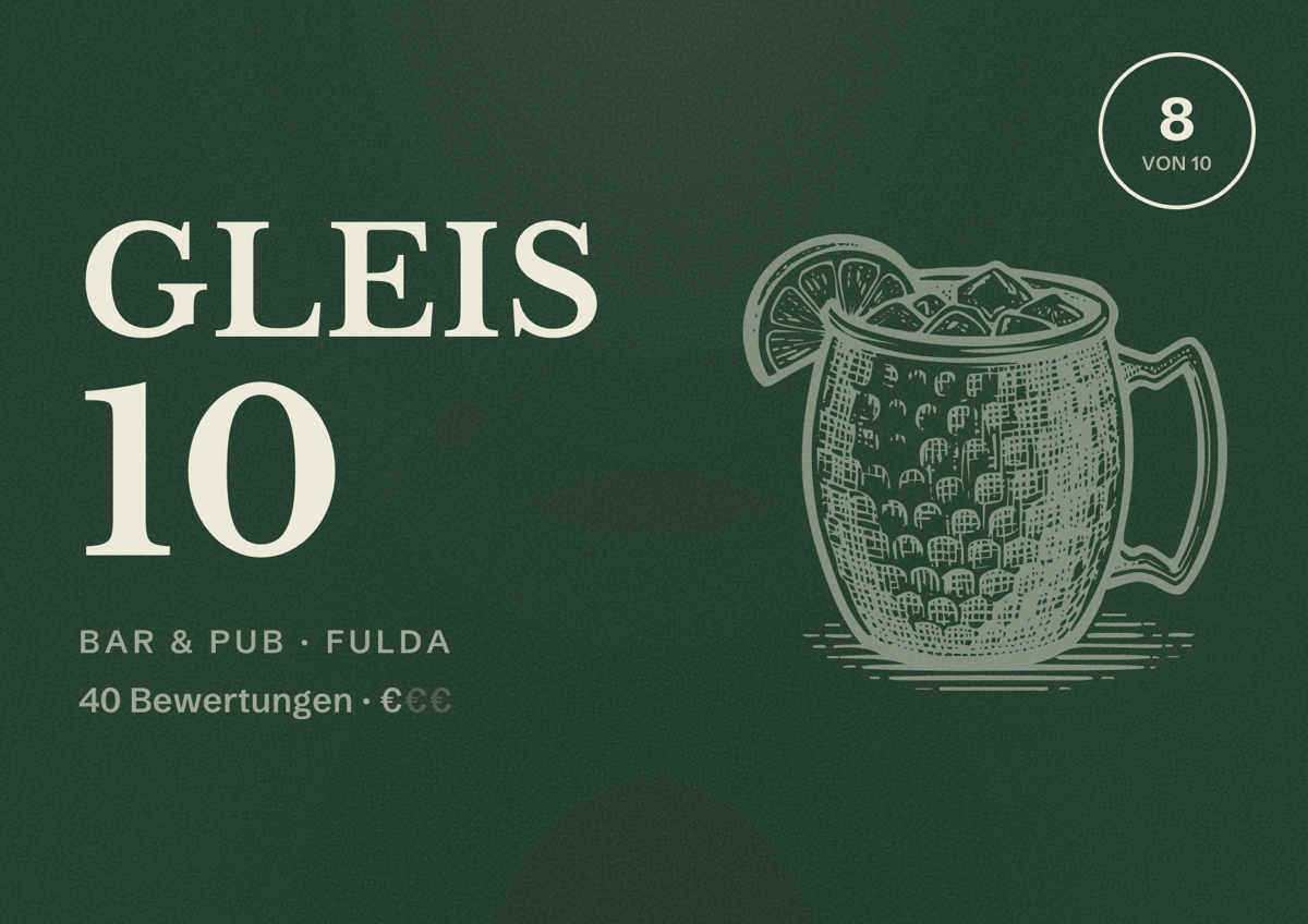 Illustriertes Poster von Gleis 10, Bar & Pub in Fulda: Bewertung 8 von 10 aus 40 Bewertungen, Preisniveau €