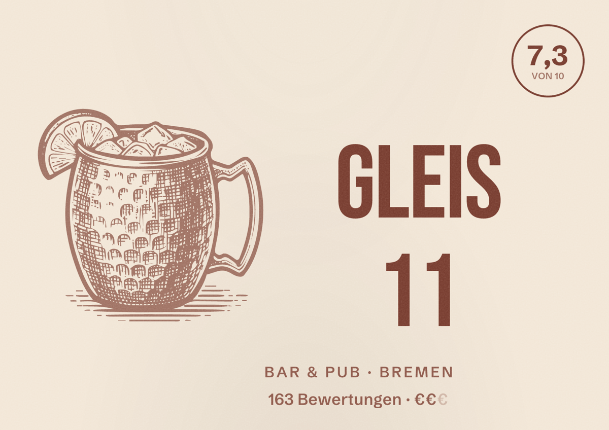 Illustriertes Poster von Gleis 11, Bar & Pub in Bremen: Bewertung 7,3 von 10 aus 163 Bewertungen, Preisniveau €€
