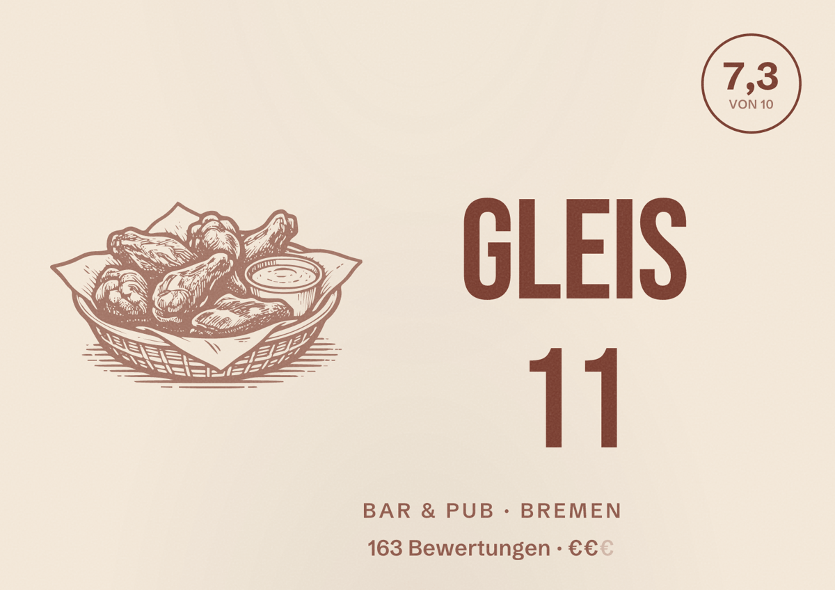 Illustriertes Poster von Gleis 11, Bar & Pub in Bremen: Bewertung 7,3 von 10 aus 163 Bewertungen, Preisniveau €€