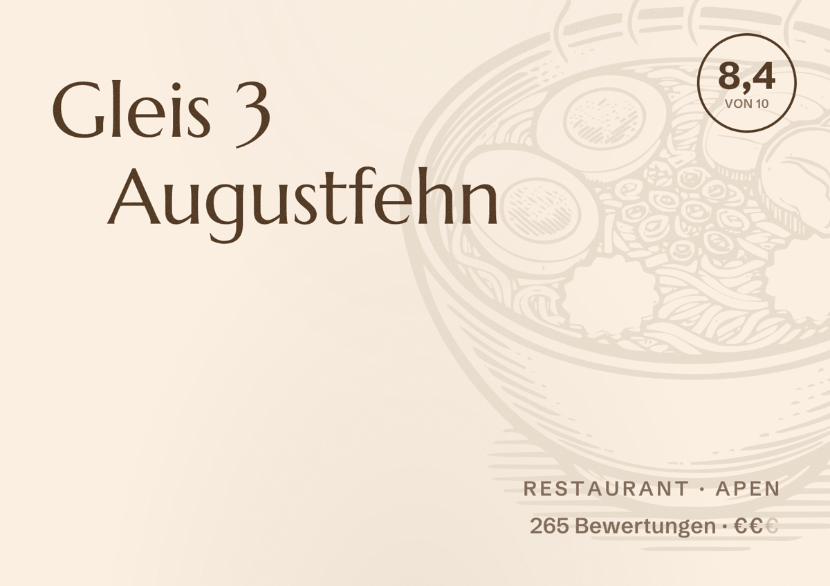 Illustriertes Poster von Gleis 3 Augustfehn, Restaurant in Apen: Bewertung 8,4 von 10 aus 265 Bewertungen, Preisniveau €€