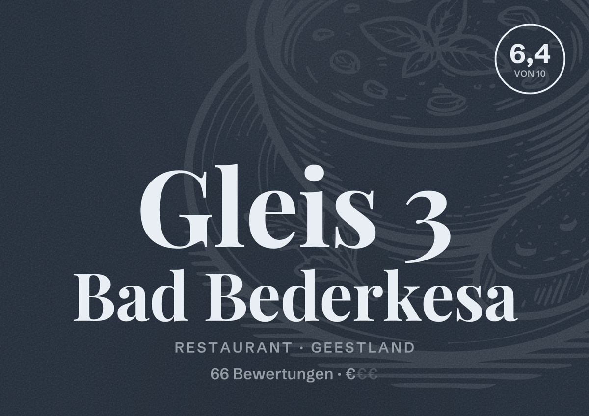 Illustriertes Poster von Gleis 3 Bad Bederkesa, Restaurant in Geestland: Bewertung 6,4 von 10 aus 66 Bewertungen, Preisniveau €