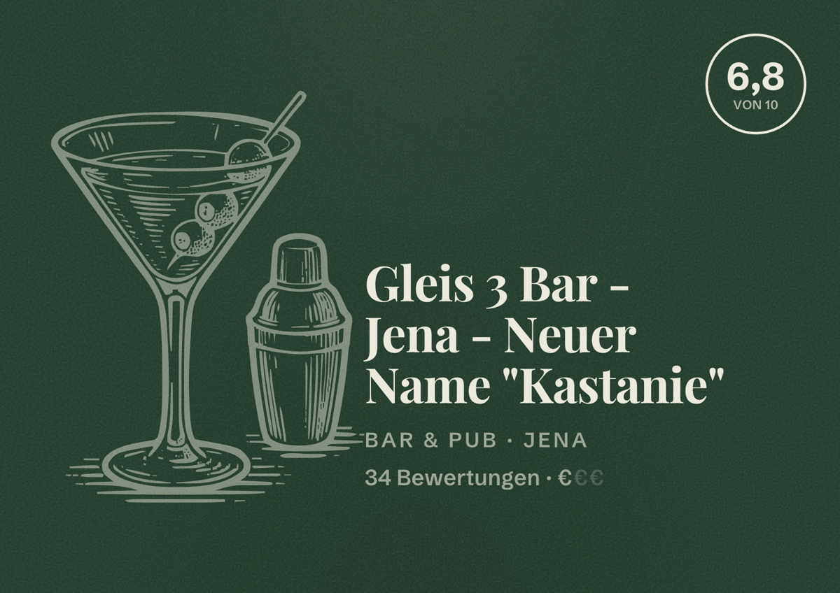 Illustriertes Poster von Gleis 3 Bar - Jena - Neuer Name "Kastanie", Bar & Pub in Jena: Bewertung 6,8 von 10 aus 34 Bewertungen, Preisniveau €