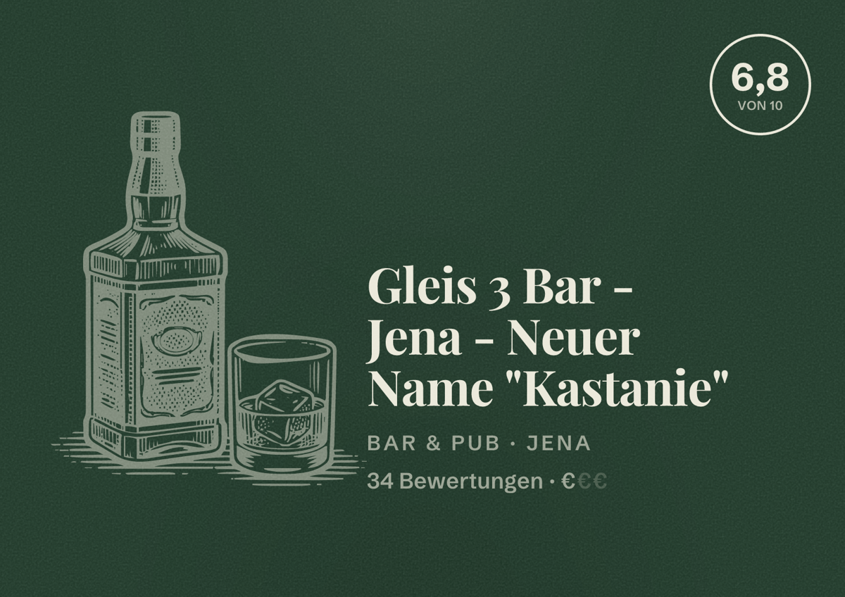 Illustriertes Poster von Gleis 3 Bar - Jena - Neuer Name "Kastanie", Bar & Pub in Jena: Bewertung 6,8 von 10 aus 34 Bewertungen, Preisniveau €
