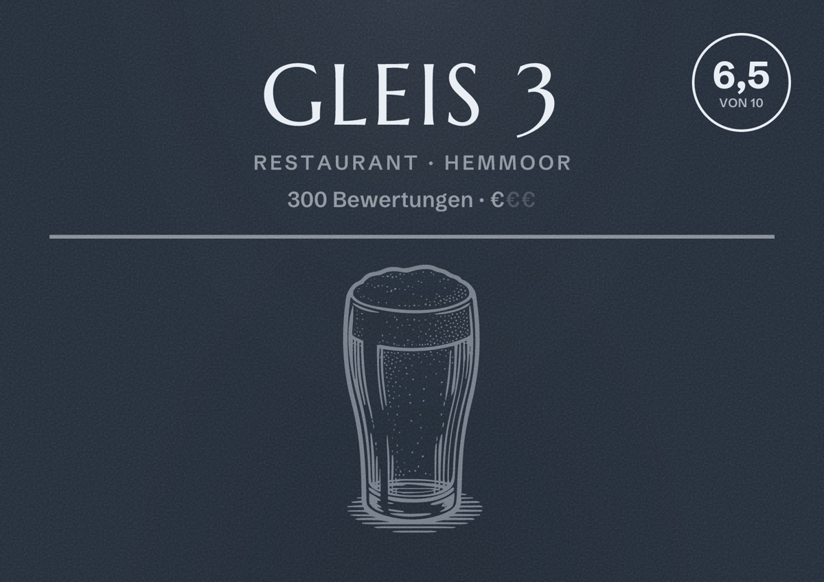 Illustriertes Poster von Gleis 3, Restaurant in Hemmoor: Bewertung 6,5 von 10 aus 300 Bewertungen, Preisniveau €