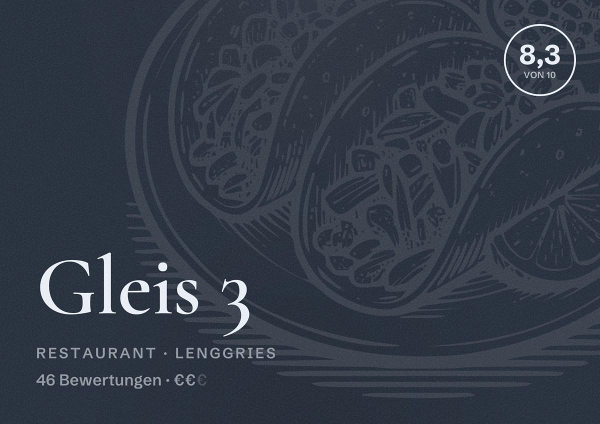 Illustriertes Poster von Gleis 3, Restaurant in Lenggries: Bewertung 8,3 von 10 aus 46 Bewertungen, Preisniveau €€
