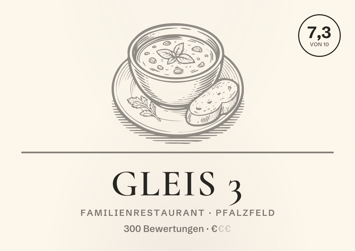 Illustriertes Poster von Gleis 3, Familienrestaurant in Pfalzfeld: Bewertung 7,3 von 10 aus 300 Bewertungen, Preisniveau €