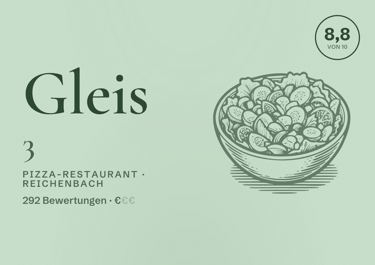 Illustriertes Poster von Gleis 3, Pizza-Restaurant in Reichenbach: Bewertung 8,8 von 10 aus 292 Bewertungen, Preisniveau €