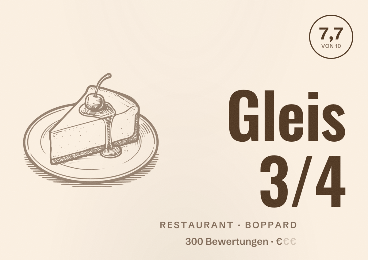 Illustriertes Poster von Gleis 3/4, Restaurant in Boppard: Bewertung 7,7 von 10 aus 300 Bewertungen, Preisniveau €