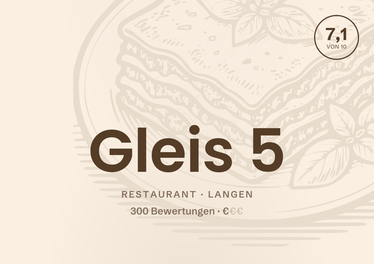 Illustriertes Poster von Gleis 5, Restaurant in Langen: Bewertung 7,1 von 10 aus 300 Bewertungen, Preisniveau €