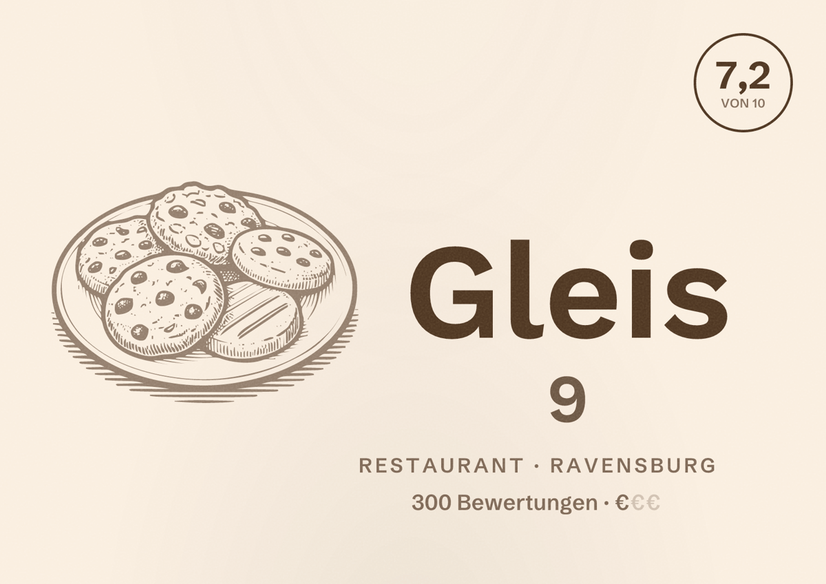 Illustriertes Poster von Gleis 9, Restaurant in Ravensburg: Bewertung 7,2 von 10 aus 300 Bewertungen, Preisniveau €