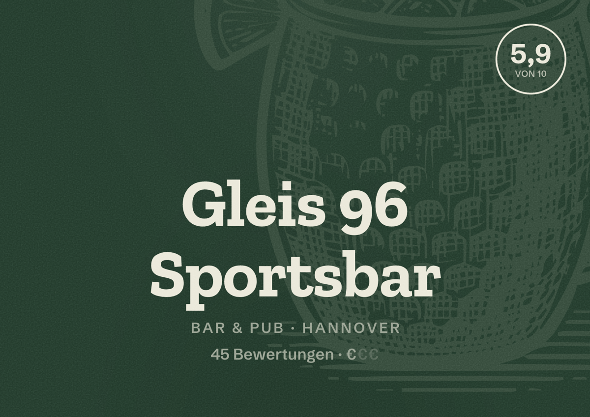 Illustriertes Poster von Gleis 96 Sportsbar, Bar & Pub in Hannover: Bewertung 5,9 von 10 aus 45 Bewertungen, Preisniveau €