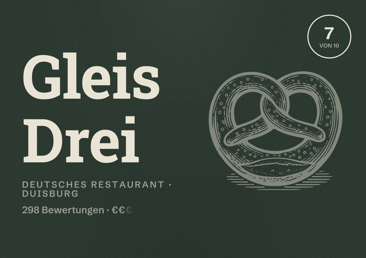Illustriertes Poster von Gleis Drei, Deutsches Restaurant in Duisburg: Bewertung 7 von 10 aus 298 Bewertungen, Preisniveau €€