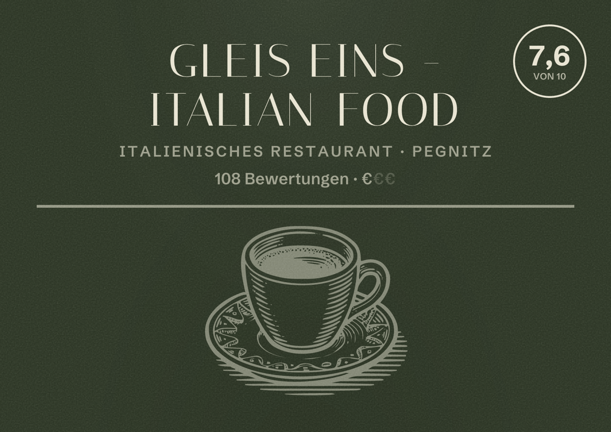 Illustriertes Poster von GLEIS EINS - Italian Food, Italienisches Restaurant in Pegnitz: Bewertung 7,6 von 10 aus 108 Bewertungen, Preisniveau €
